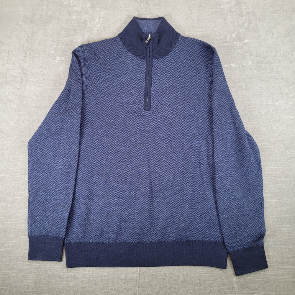 Brooks Brothers‎ Mens Small Blue Fine Merino Wool Herringbone 1/4 Zip Sweater